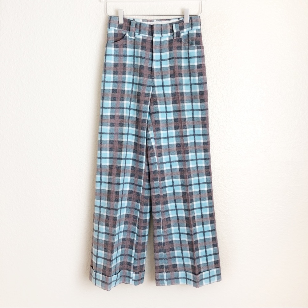 Vintage 70’s Levis High Rise Blue Grey Plaid Wide Leg Trouser Pants RARE